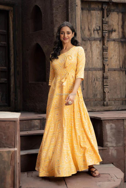 Yellow Rayon Bandini Print Fit & Flare Dress