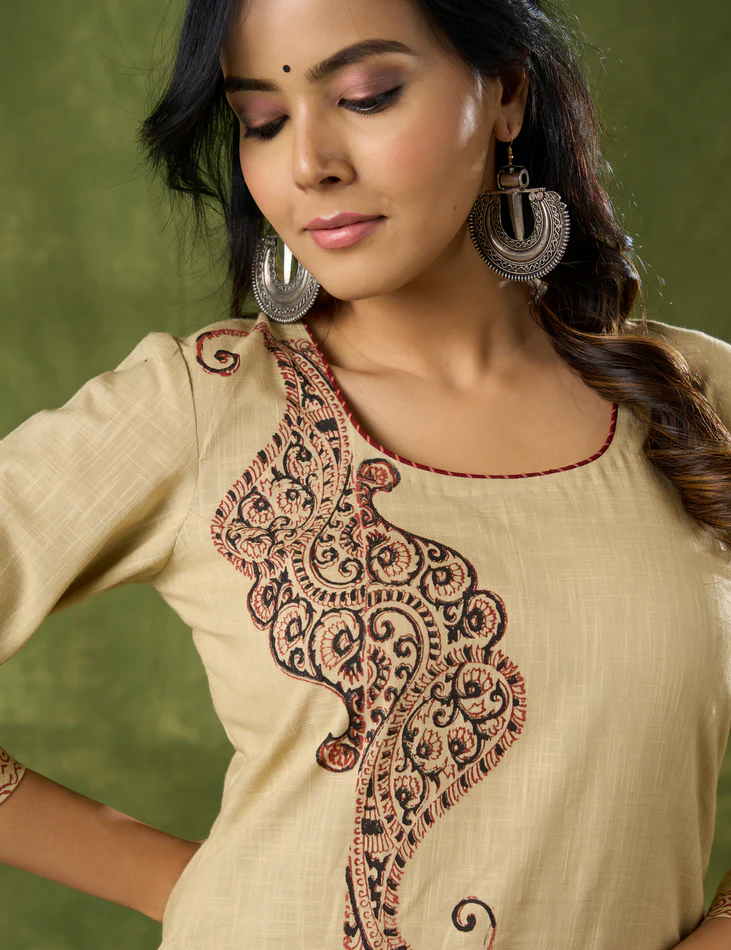 Classy Hand Block Printed Cotton Beige Kurta