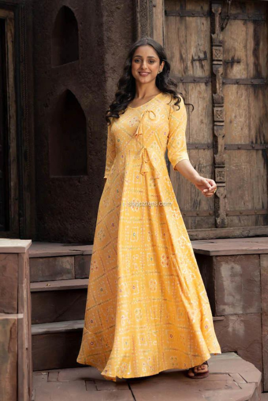 Yellow Rayon Bandini Print Fit & Flare Dress