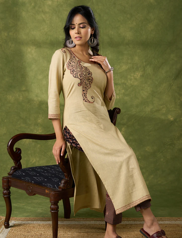 Classy Hand Block Printed Cotton Beige Kurta