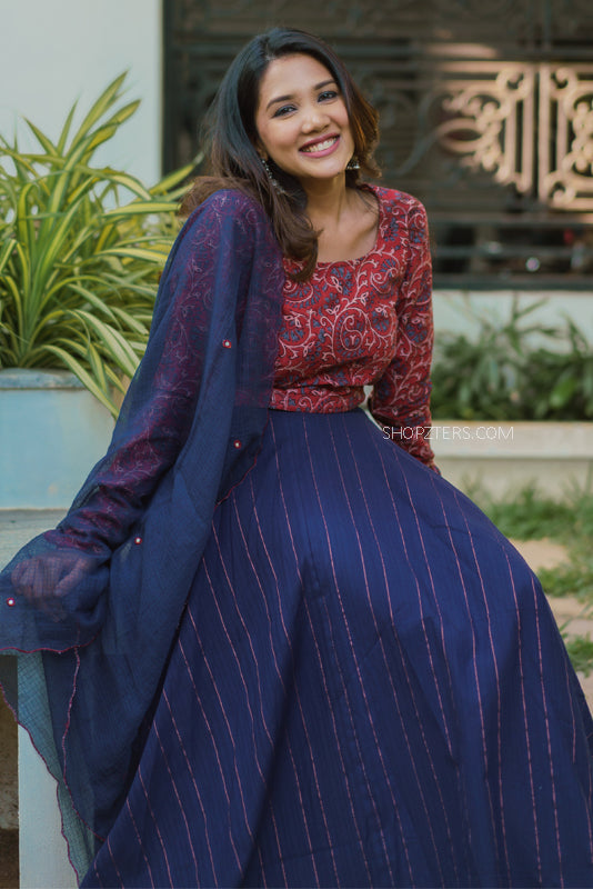 Red Blue Striped Skirt Set With Dupatta