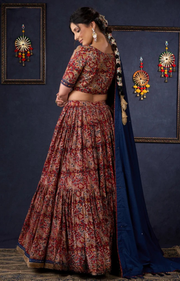 Evergreen Kalamkari Lehenga With Navy Blue Embroidered Blouse & Matching Dupatta.