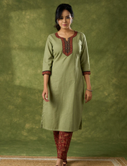 Dark Pista Cotton Ajrakh Combination Kurta