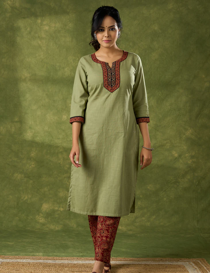 Dark Pista Cotton Ajrakh Combination Kurta