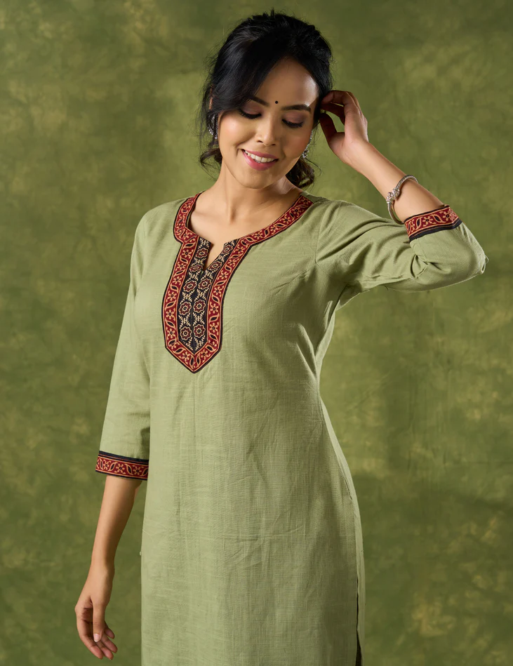 Dark Pista Cotton Ajrakh Combination Kurta