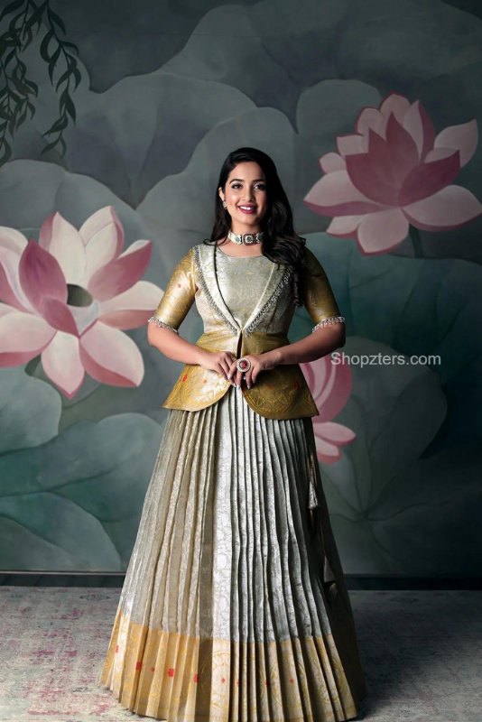 Silver And Gold Banarasi Silk Peplum Lehenga Set