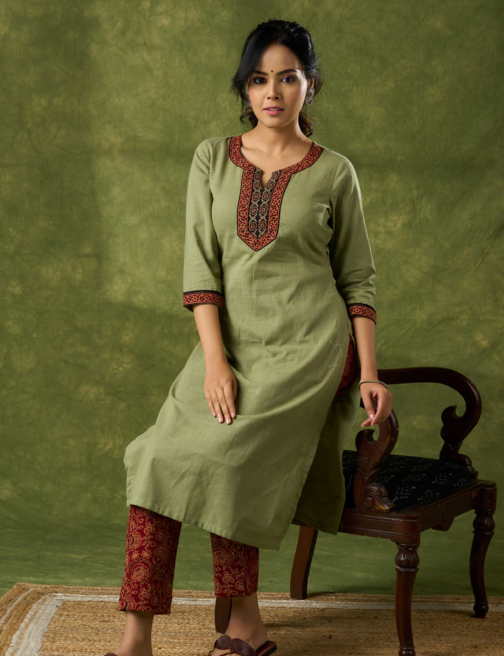 Dark Pista Cotton Ajrakh Combination Kurta