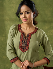 Dark Pista Cotton Ajrakh Combination Kurta