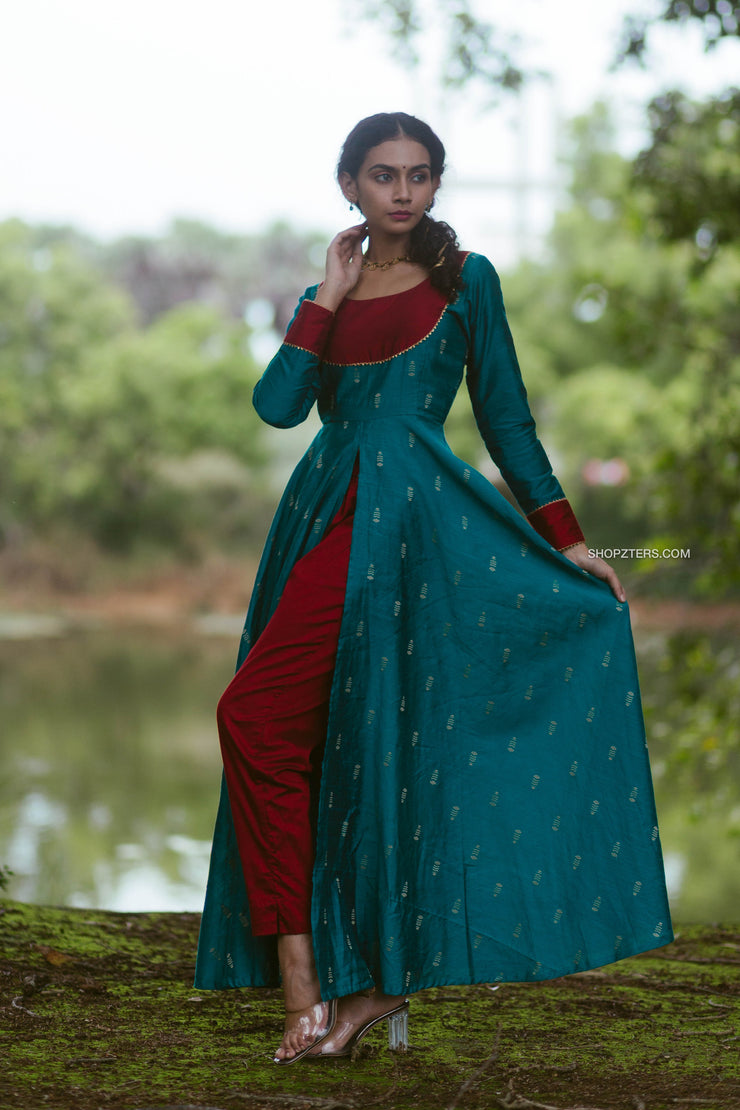 Blue Indo Western Slit Dress with Red Pants