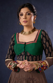 Elegant Ajrakh & Kalamkari Lehenga With Matching Blouse & Dupatta.