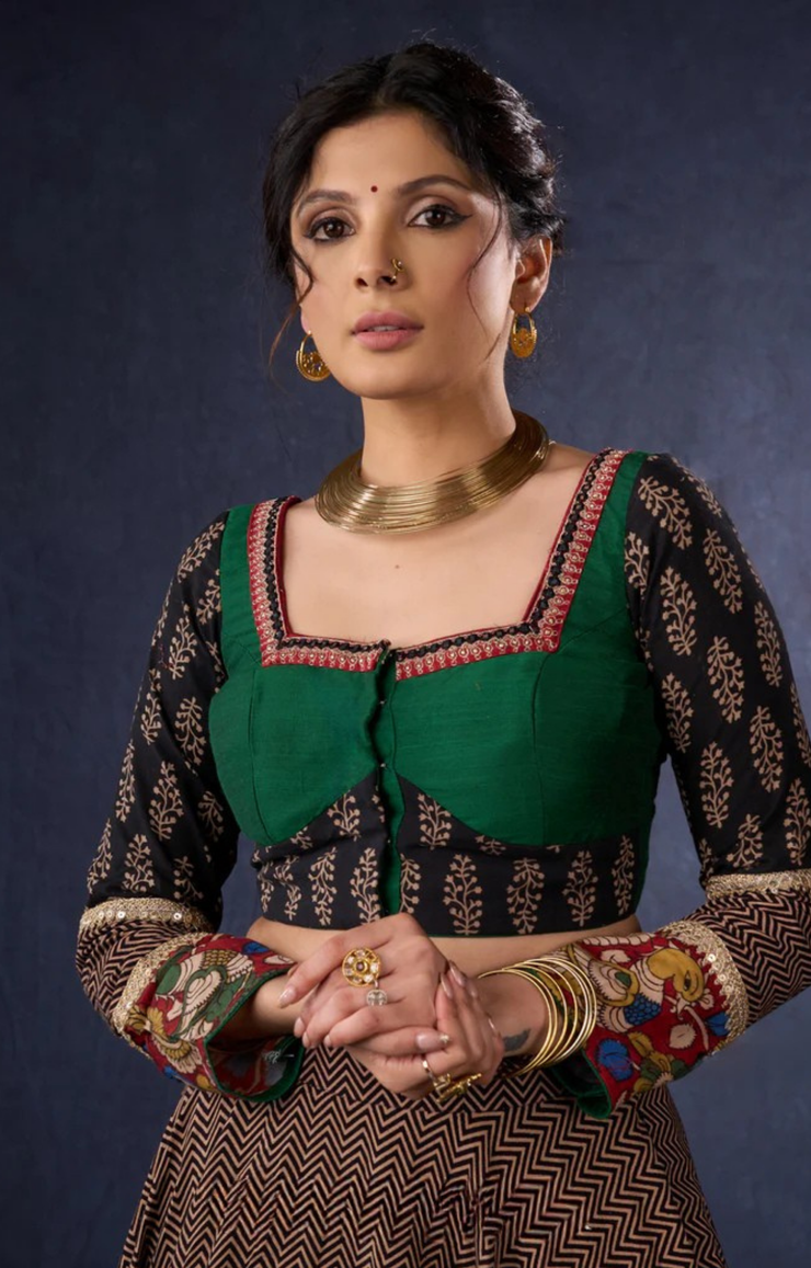 Elegant Ajrakh & Kalamkari Lehenga With Matching Blouse & Dupatta.
