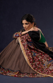Elegant Ajrakh & Kalamkari Lehenga With Matching Blouse & Dupatta.