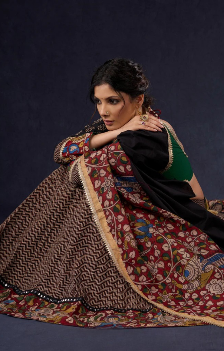 Elegant Ajrakh & Kalamkari Lehenga With Matching Blouse & Dupatta.