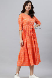 Orange Cotton Woven Design Midi Dress