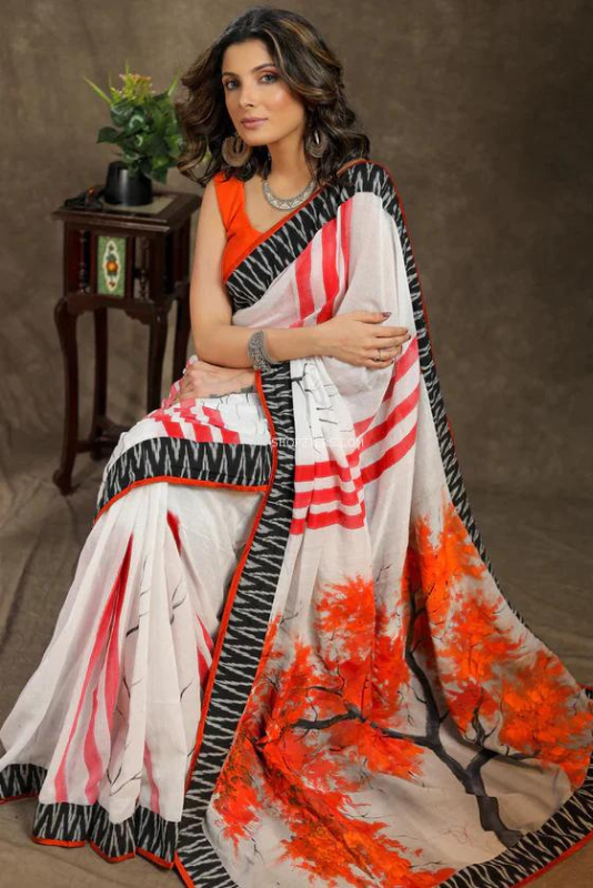 White With Orange Hand Painted Saree With Ikkat Border