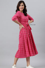 Pink Cotton Woven Design Midi Dress