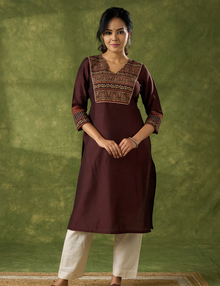 Graceful Dark Brown Cotton Silk Kurta With Ajrakh Yoke