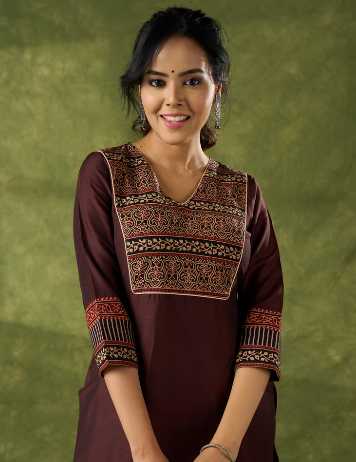 Graceful Dark Brown Cotton Silk Kurta With Ajrakh Yoke