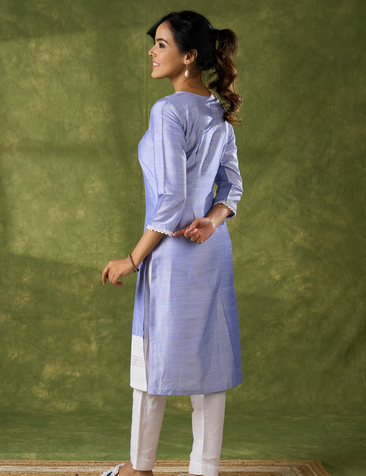 Elegant Ink-Blue Cotton Silk Kurta Highlighted With Laces