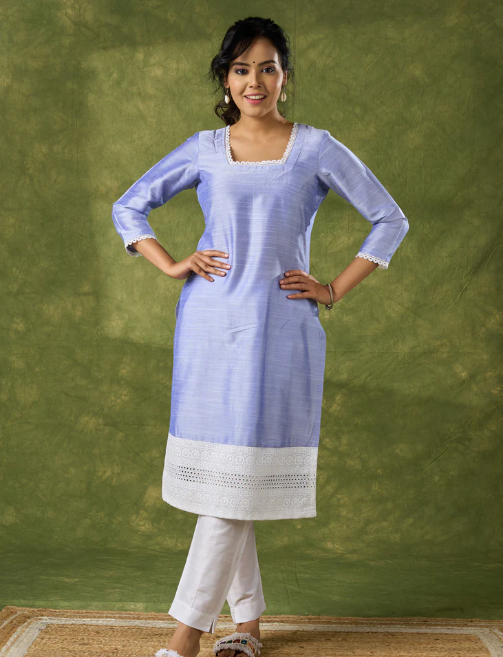 Elegant Ink-Blue Cotton Silk Kurta Highlighted With Laces