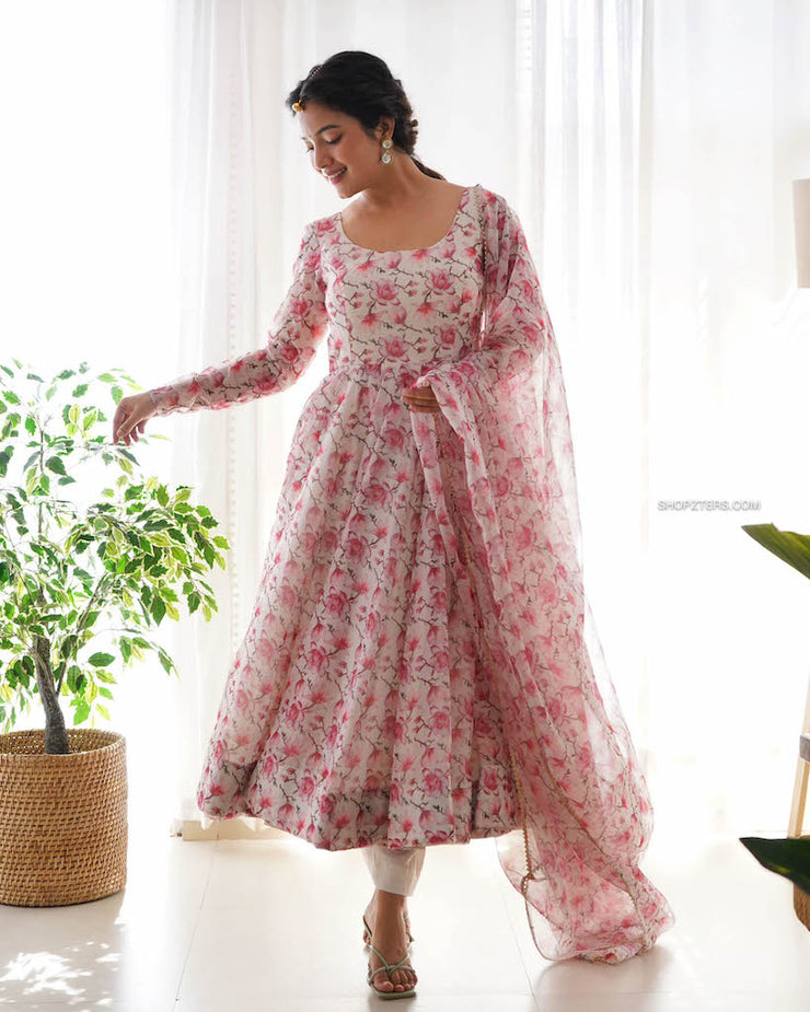 White and Pink Floral Printed Organza Kurta Set