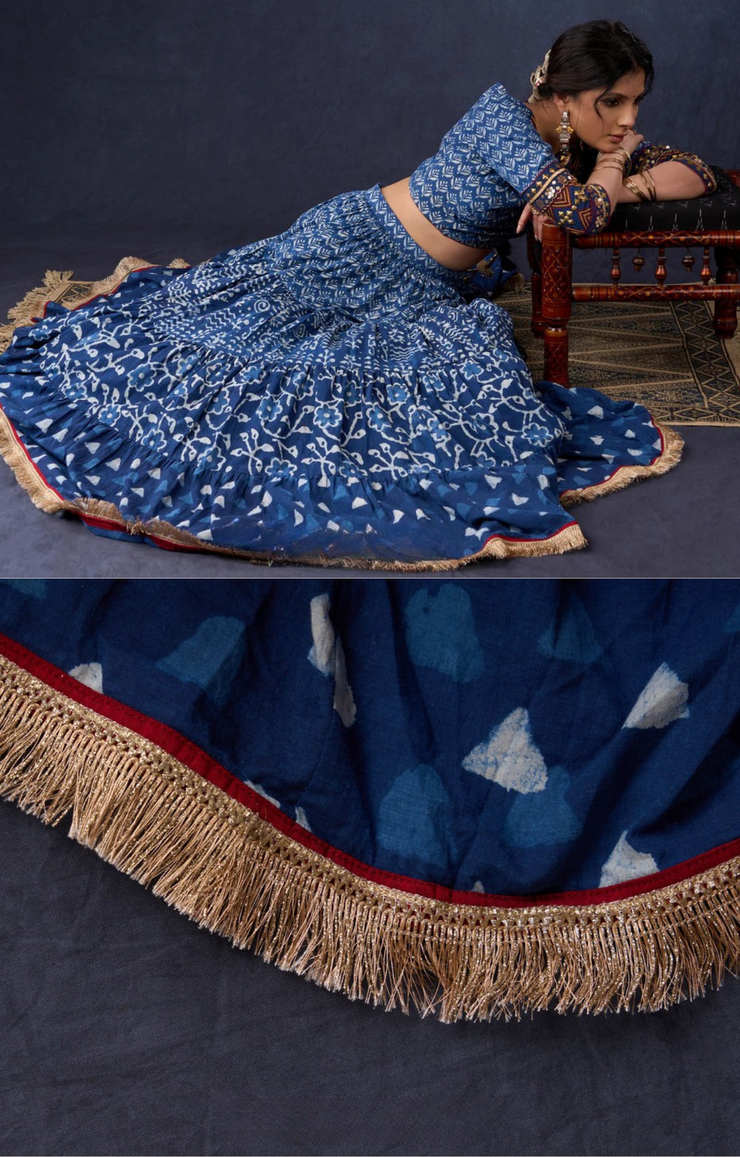 Indigo Prints Mix & Match Lehenga With Antique Gold Embroidery On Blouse & Matching Dupatta.
