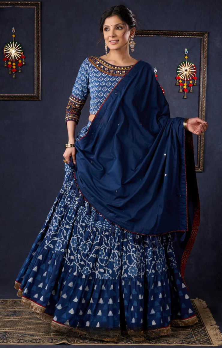Indigo Prints Mix & Match Lehenga With Antique Gold Embroidery On Blouse & Matching Dupatta.
