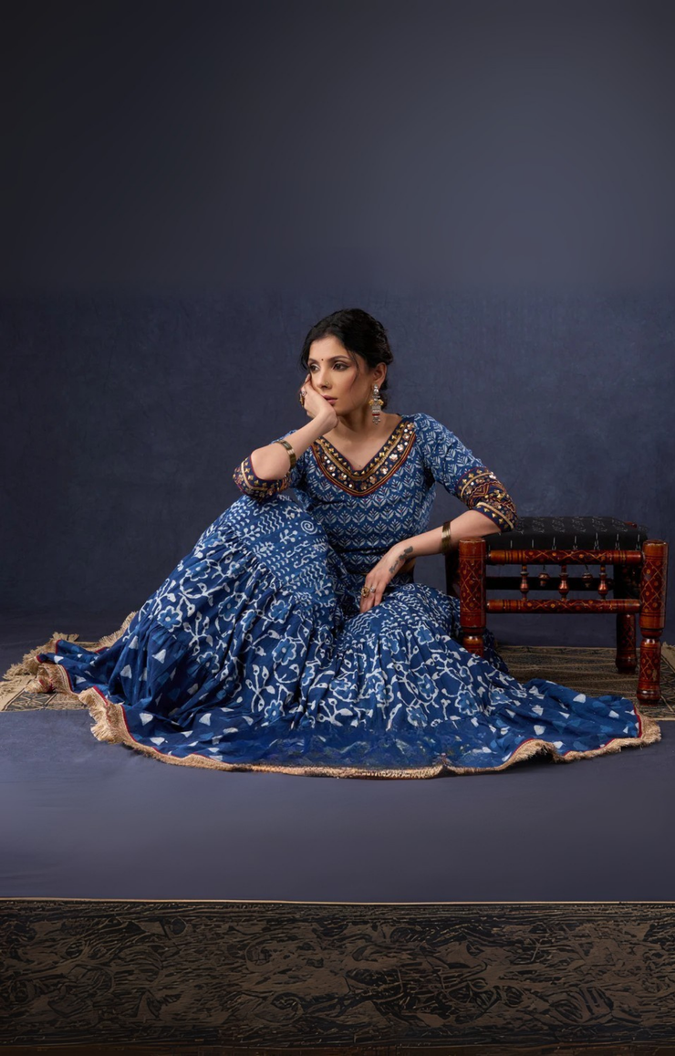 Indigo Prints Mix & Match Lehenga With Antique Gold Embroidery On Blouse & Matching Dupatta.