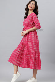 Pink Cotton Woven Design Midi Dress