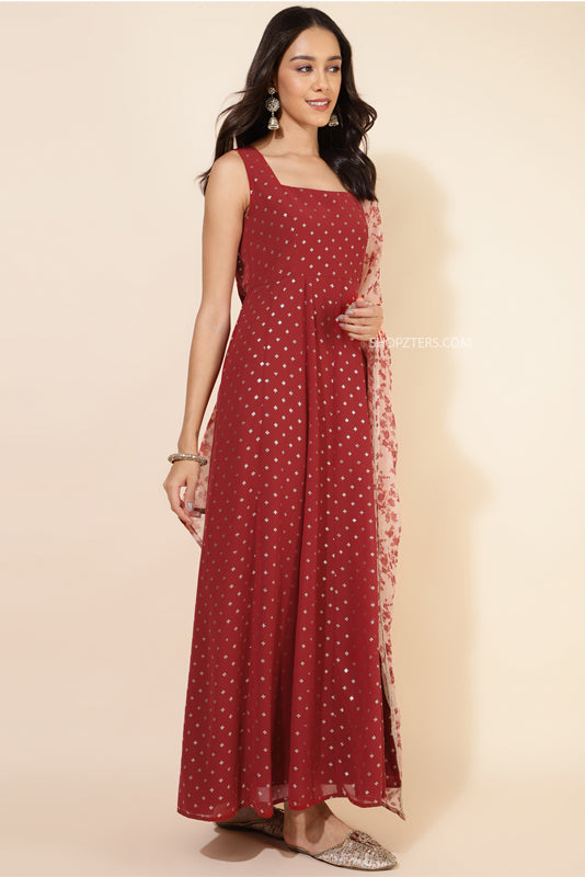 Red Georgette Maxi Dress With Balloon Sleeves