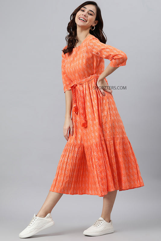 Orange Cotton Woven Design Midi Dress