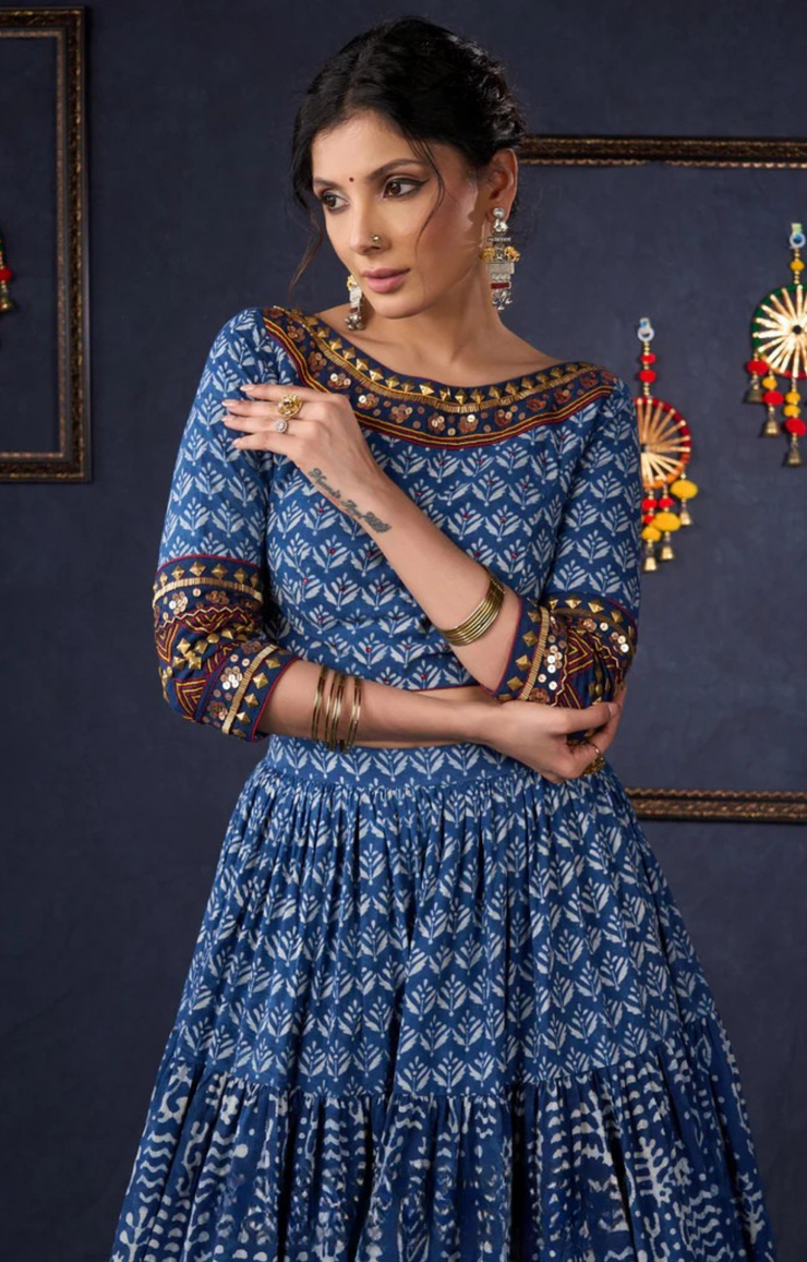 Indigo Prints Mix & Match Lehenga With Antique Gold Embroidery On Blouse & Matching Dupatta.