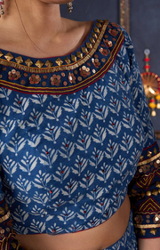 Indigo Prints Mix & Match Lehenga With Antique Gold Embroidery On Blouse & Matching Dupatta.