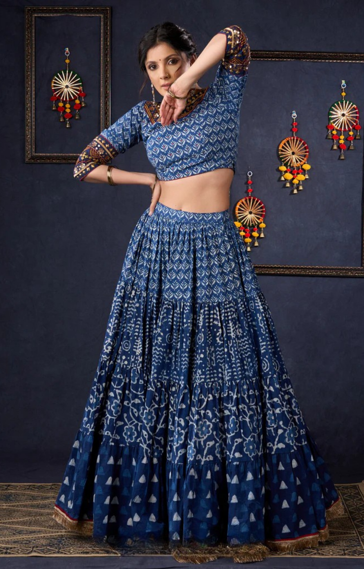 Indigo Prints Mix & Match Lehenga With Antique Gold Embroidery On Blouse & Matching Dupatta.