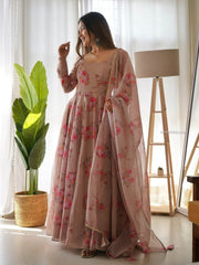 Light Brown Floral Printed Organza Dress With Dupatta