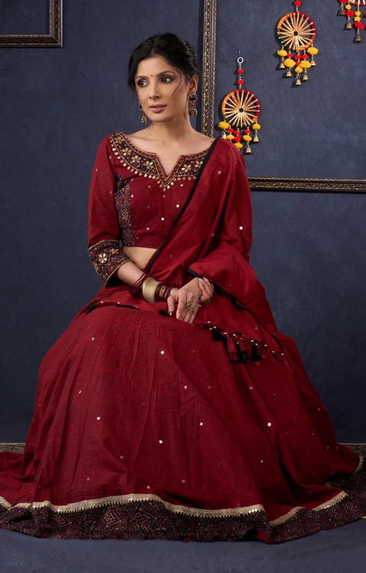 Maroon Cotton Lehenga With All Over Mirror Work & Embroidered Blouse With Matching Dupatta.