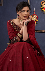 Maroon Cotton Lehenga With All Over Mirror Work & Embroidered Blouse With Matching Dupatta.
