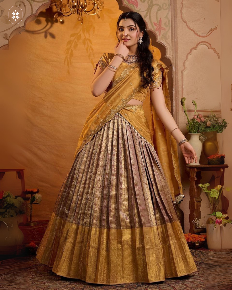Anjali Banarasi Silk Lehenga Set In Golden