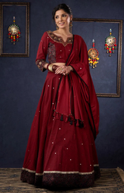 Maroon Cotton Lehenga With All Over Mirror Work & Embroidered Blouse With Matching Dupatta.