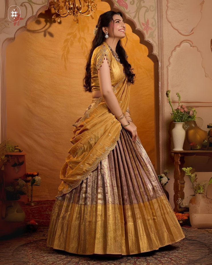 Anjali Banarasi Silk Lehenga Set In Golden