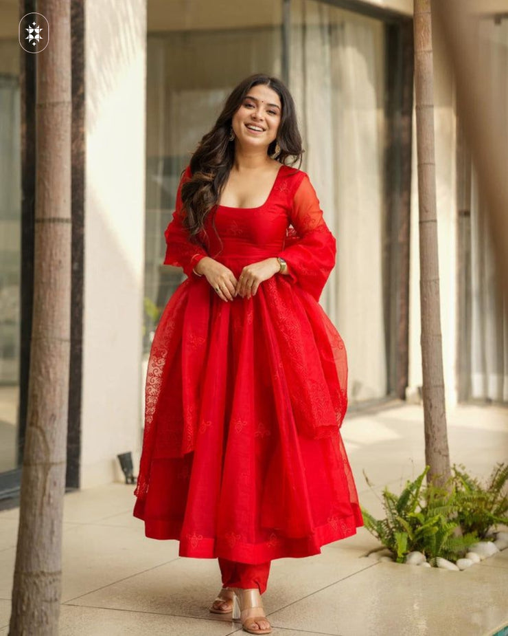 Velvet red organza suit set