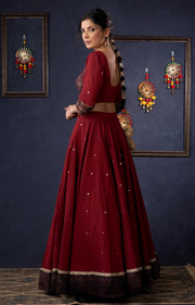 Maroon Cotton Lehenga With All Over Mirror Work & Embroidered Blouse With Matching Dupatta.