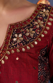 Maroon Cotton Lehenga With All Over Mirror Work & Embroidered Blouse With Matching Dupatta.