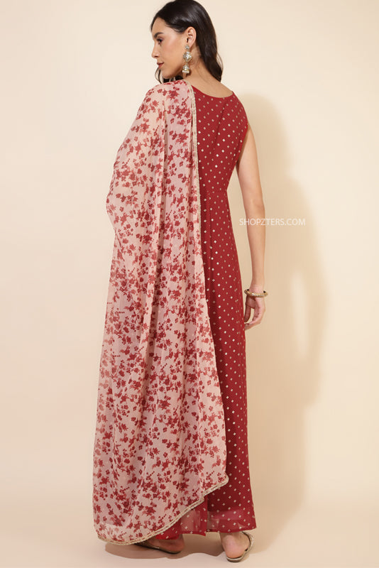 Red Georgette Maxi Dress With Balloon Sleeves