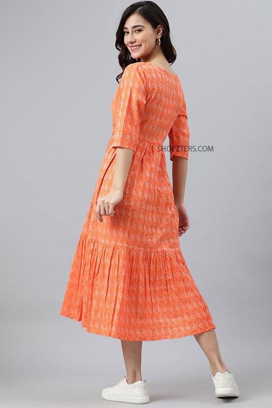 Orange Cotton Woven Design Midi Dress