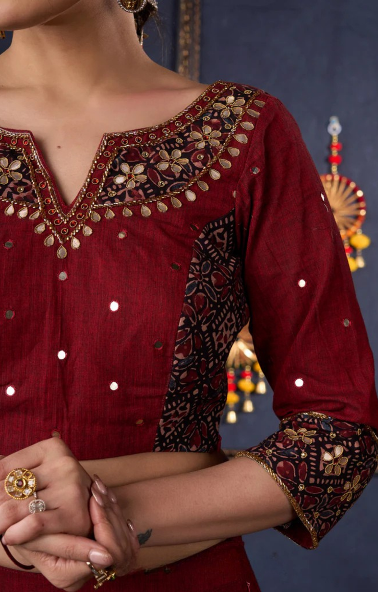 Maroon Cotton Lehenga With All Over Mirror Work & Embroidered Blouse With Matching Dupatta.