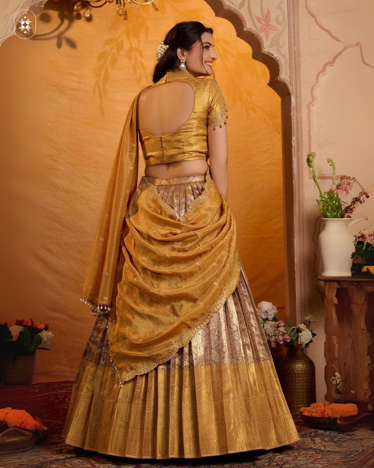 Anjali Banarasi Silk Lehenga Set In Golden