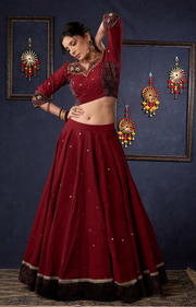 Maroon Cotton Lehenga With All Over Mirror Work & Embroidered Blouse With Matching Dupatta.