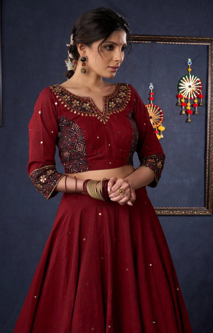 Maroon Cotton Lehenga With All Over Mirror Work & Embroidered Blouse With Matching Dupatta.