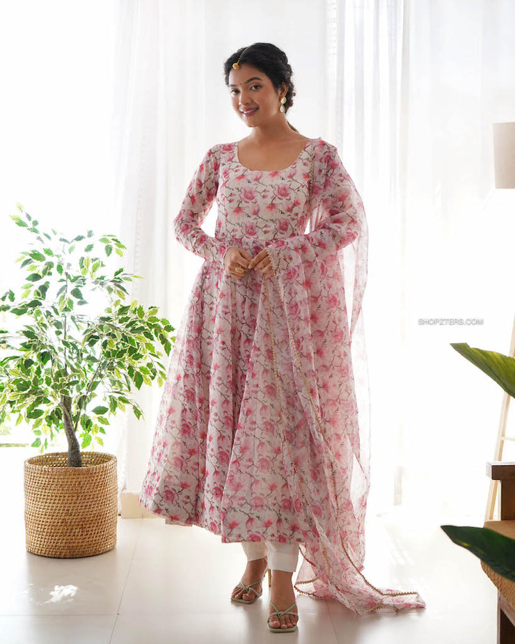 White and Pink Floral Printed Organza Kurta Set